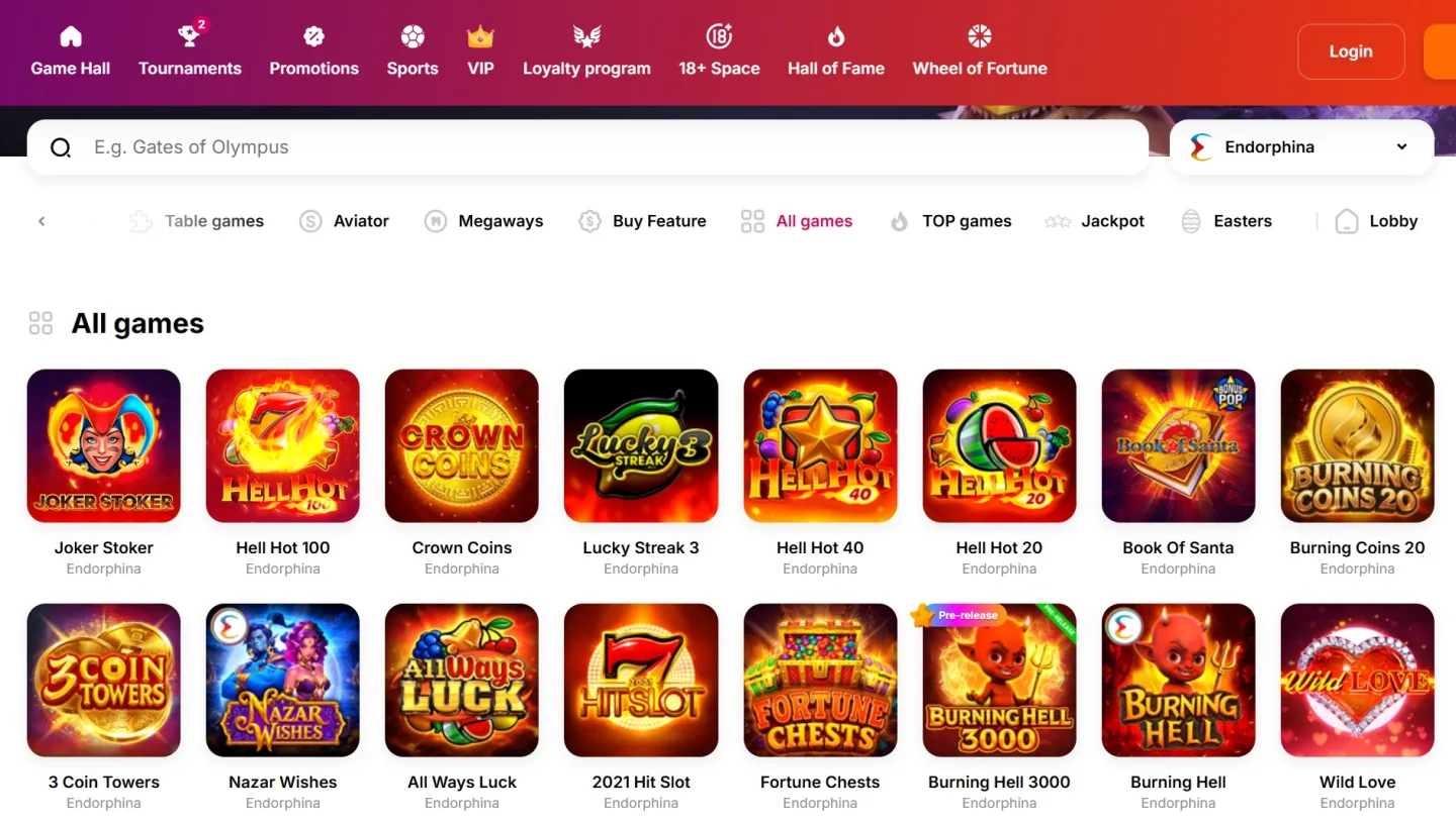 Spelbibliotek med Endorphina-filter och synliga slot-kort