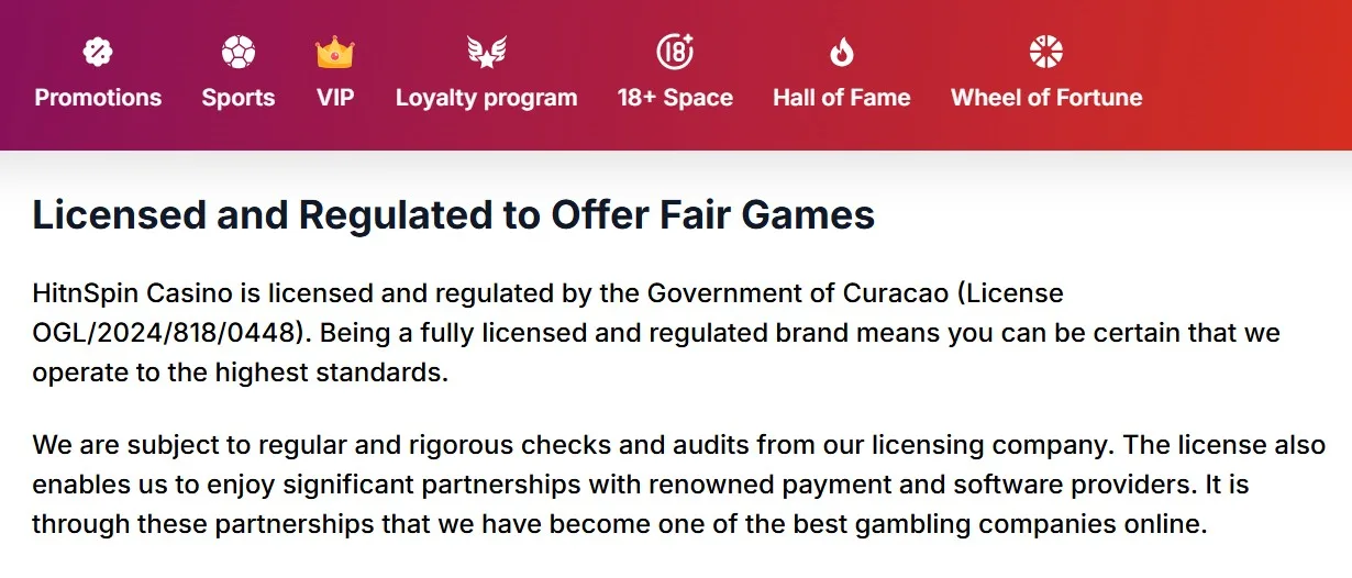 Sektion Licensed and Regulated med OGL-licensnummer från Curaçao GCB