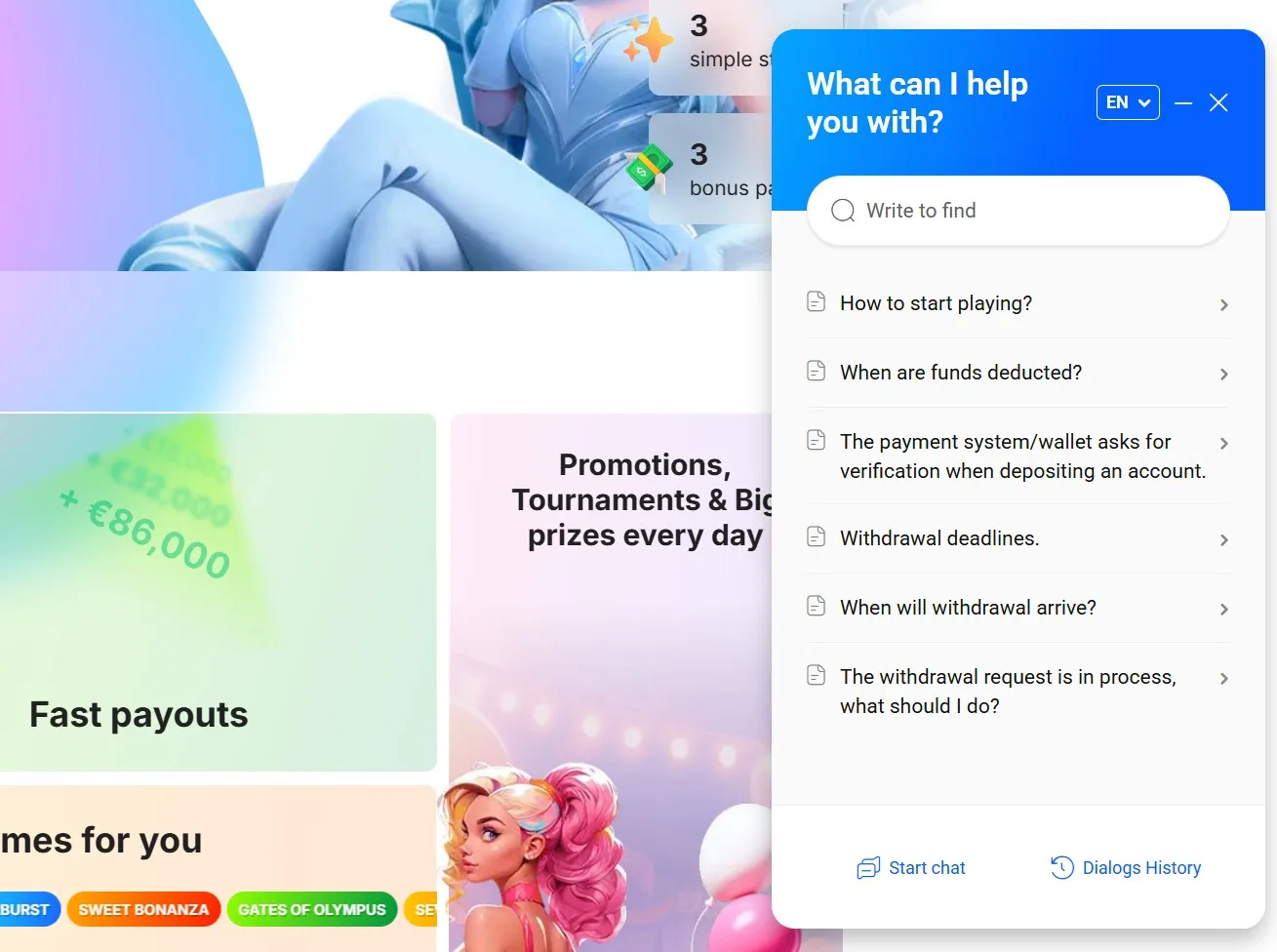 Chattens startvy med fördefinierade frågekategorier innan man skriver egen fråga