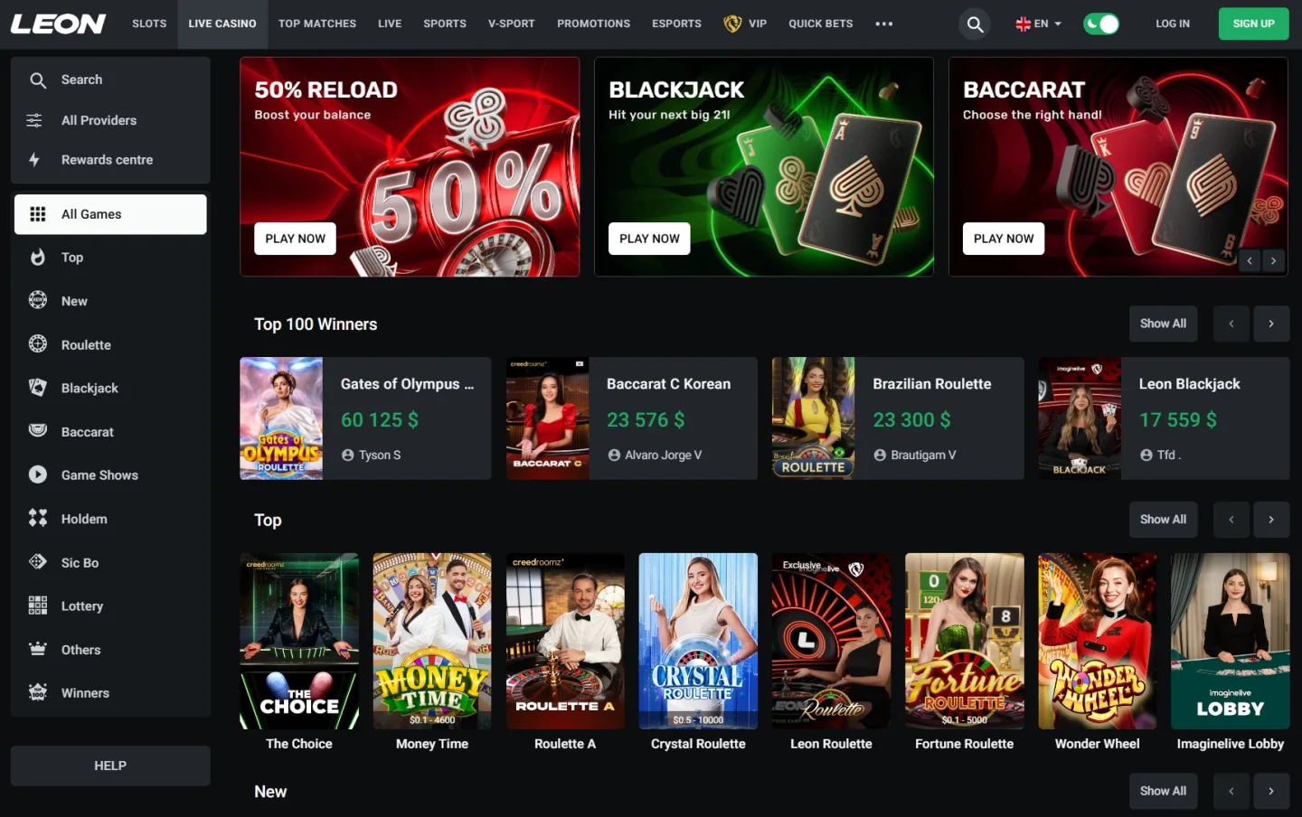 Live casino-avdelningen på Leon