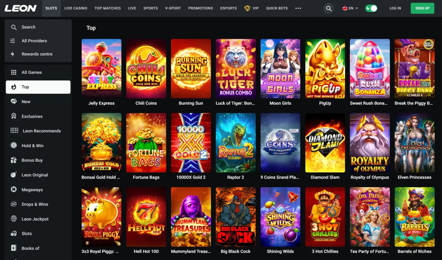 Slot-sektionen med 10 000+ spel på Leon Casino