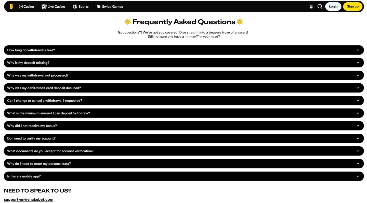 Casinots FAQ-sida med vanliga frågor om uttag, insättningar och konto