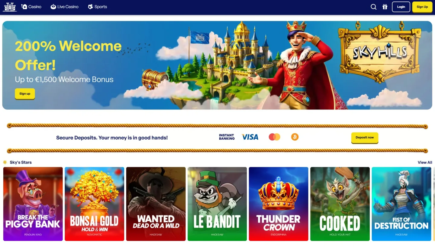 Casinots startsida med 200 procent bonus i hero