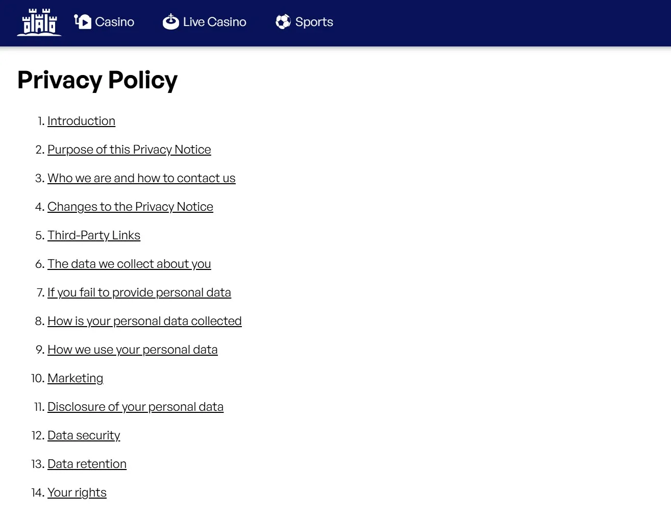 Casinots Privacy Policy med 14 numrerade avsnitt om datahantering