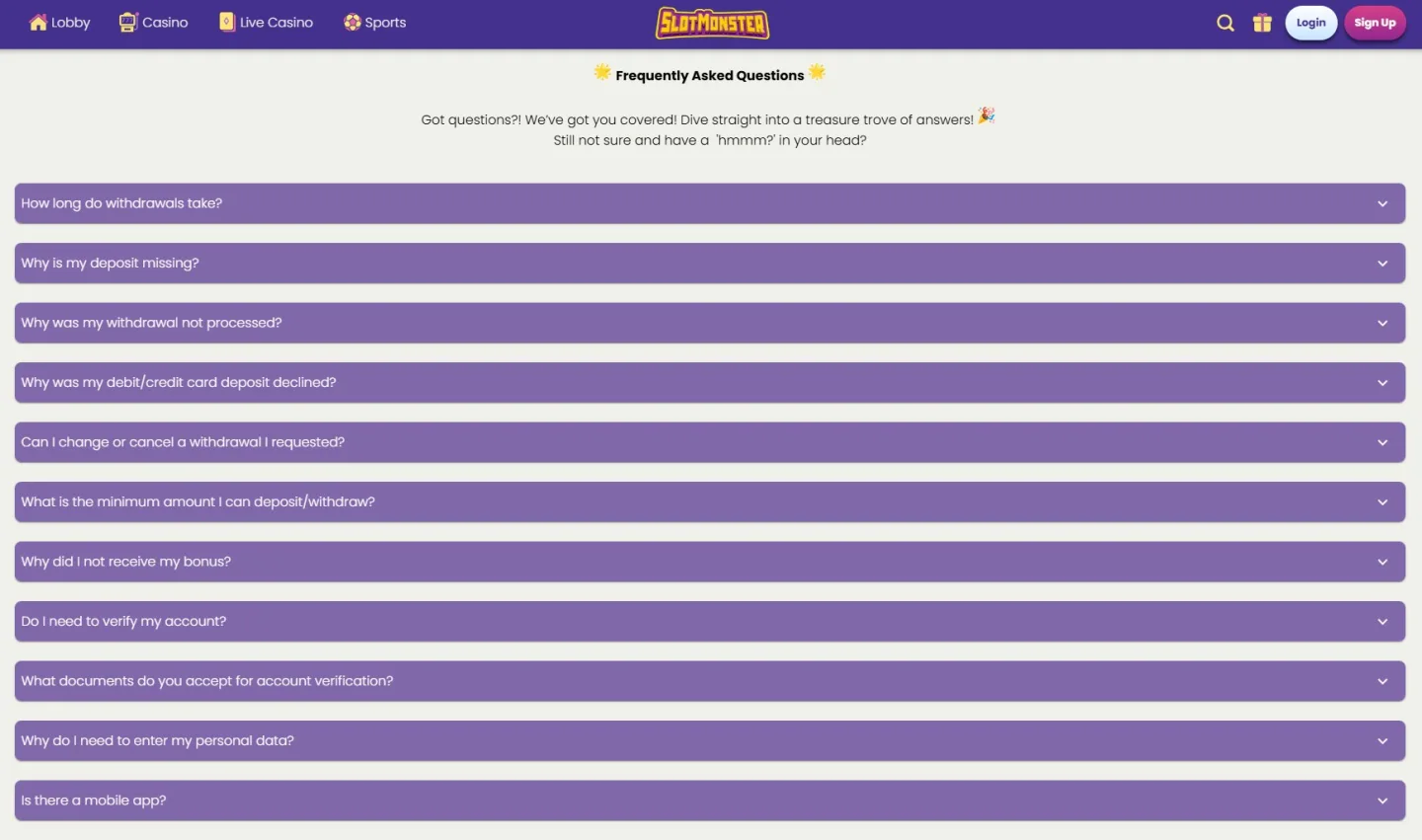 Casinots FAQ-sida med vanliga frågor om uttag, insättningar och konto