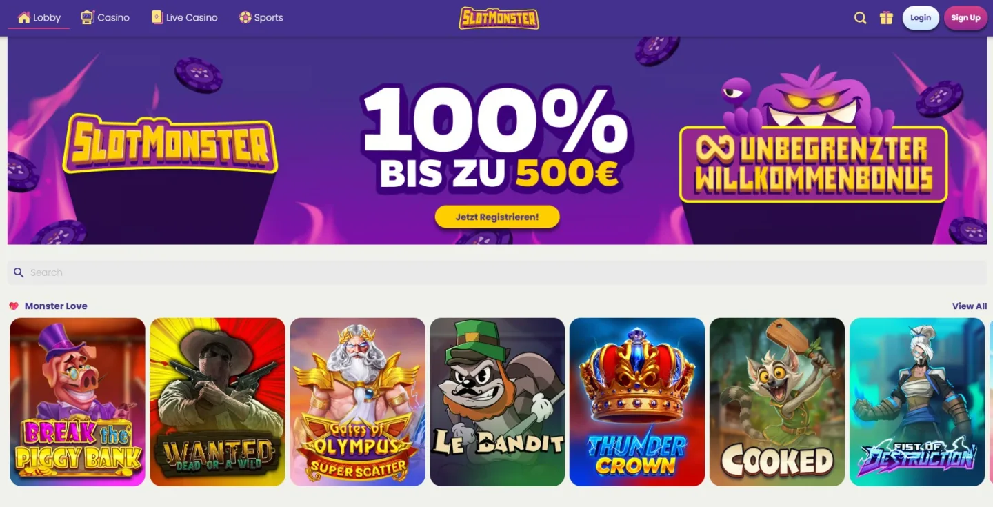 Casinots startsida med hero-sektion och tydlig välkomstbonus
