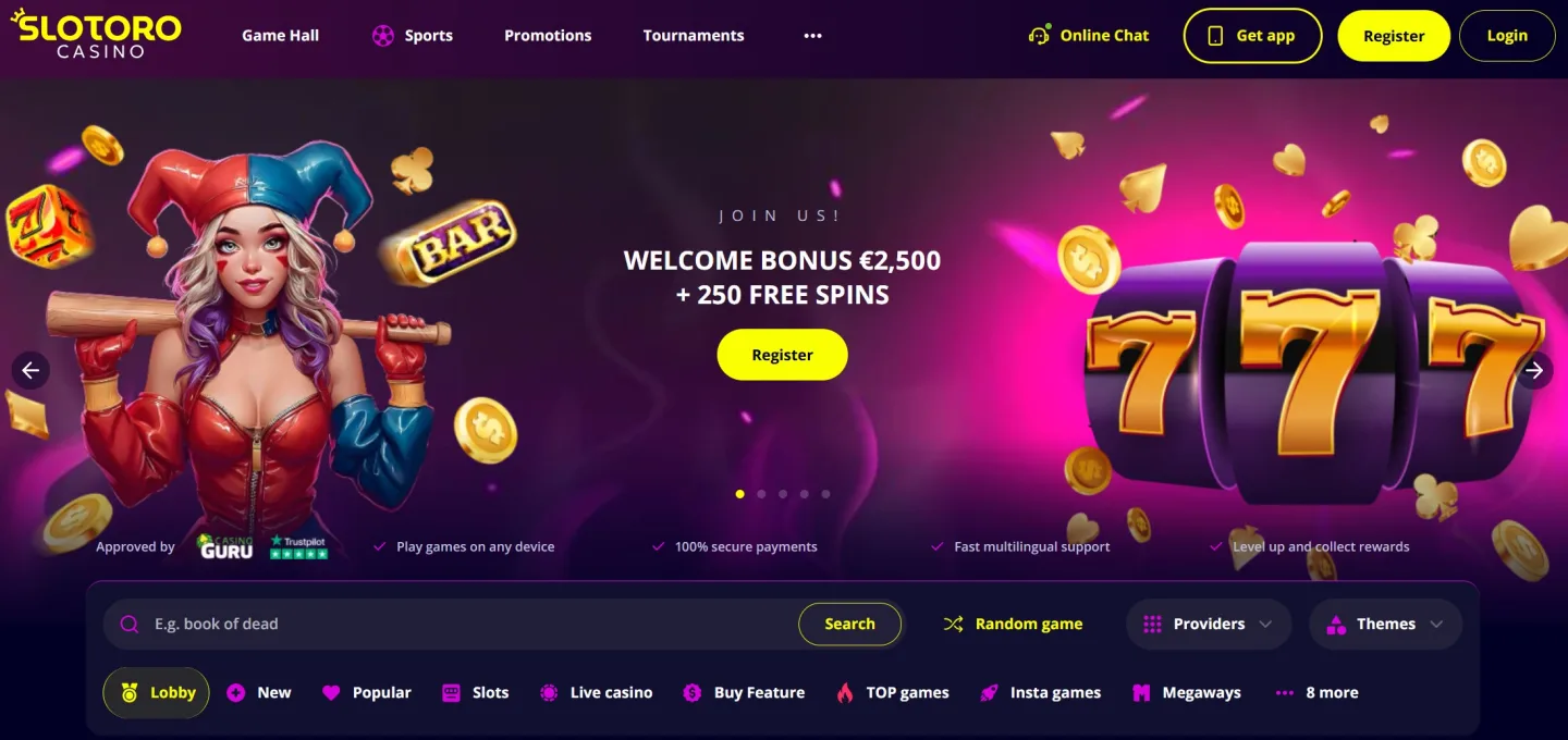 Casinots startsida med hero-banner och välkomstbonus i fokus