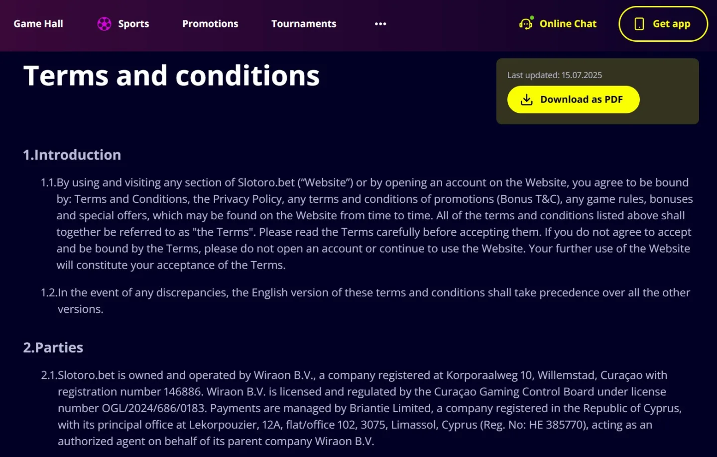 Slotoro Terms and Conditions med licensnummer och bolagsdetaljer