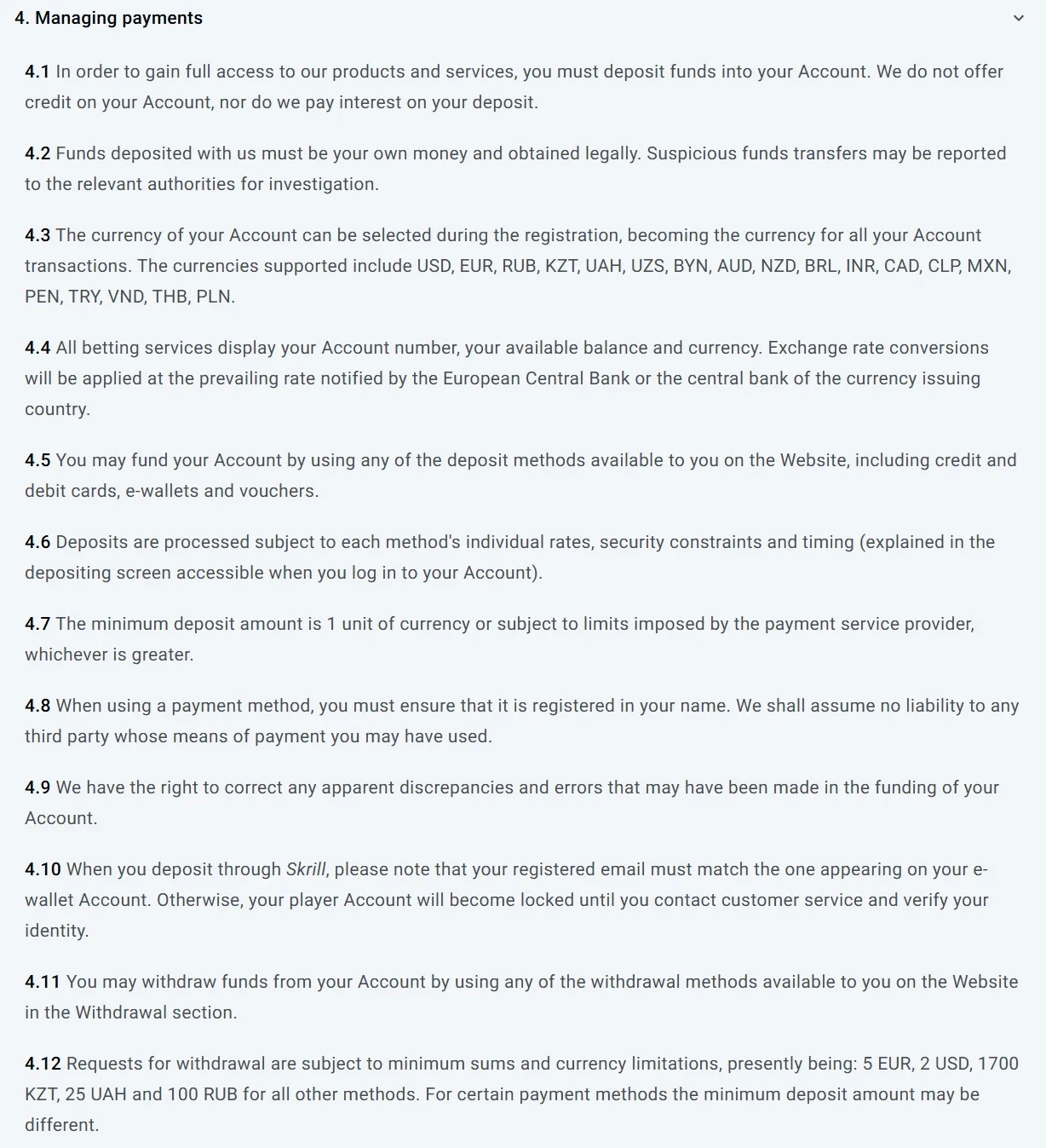 Termsens paragraf 4 Managing Payments med valutalista och min-uttagsgränser