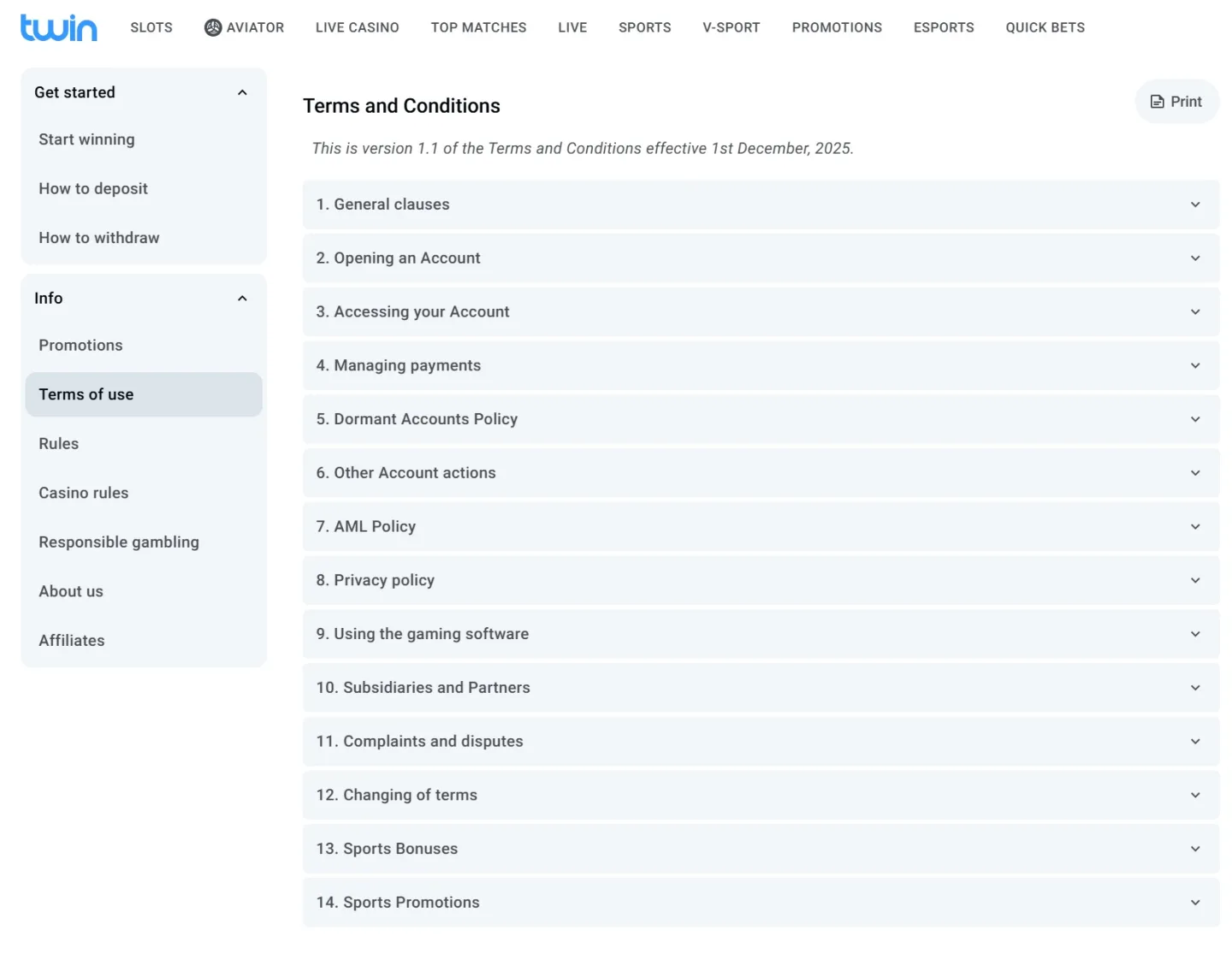 Termssida med vänster info-navigation och fjorton sektionerade kapitel