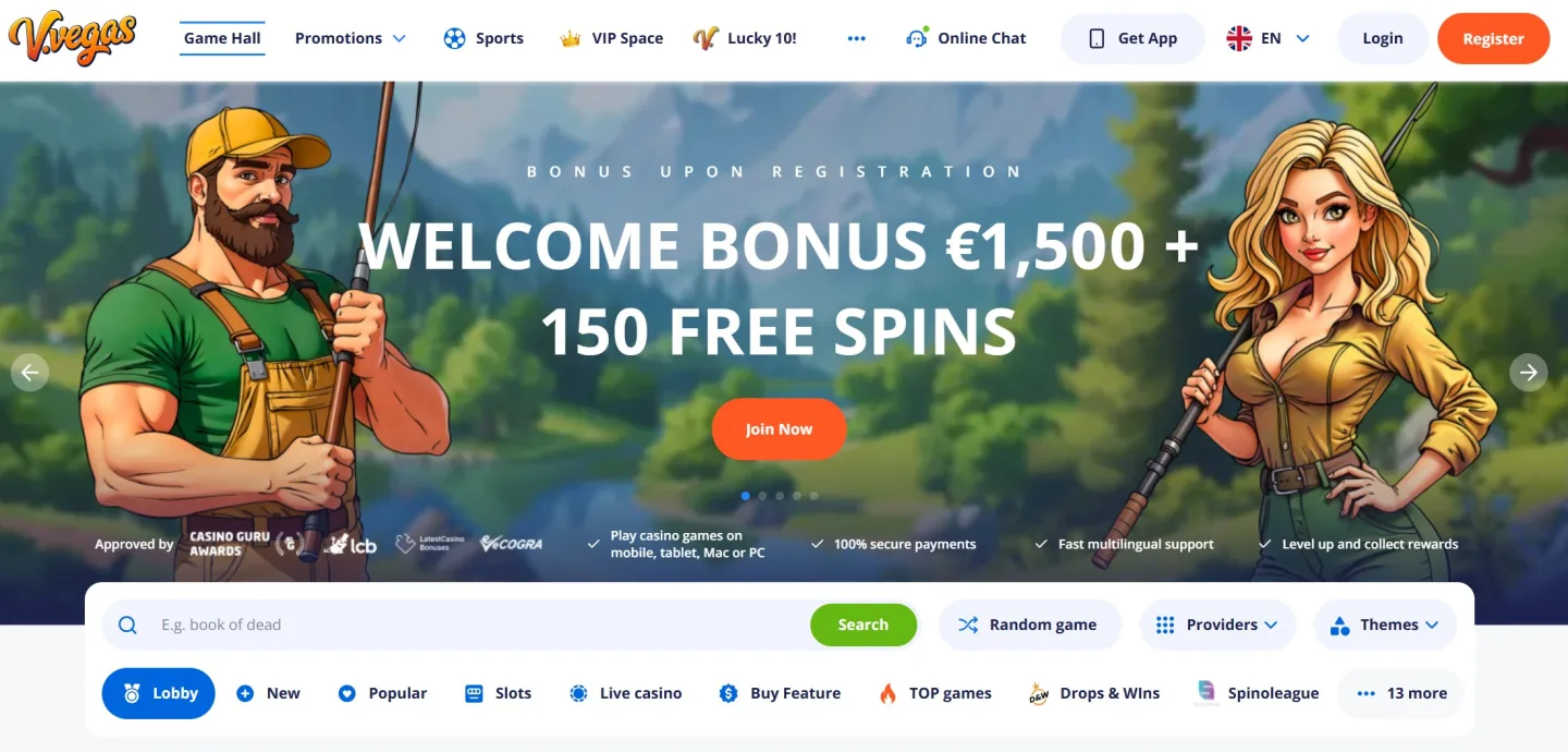 Casinots startsida med hero-banner och välkomstpaketet i fokus