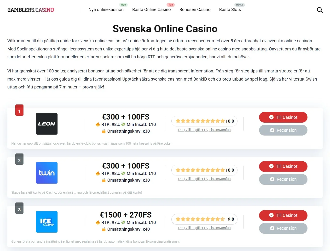 Gamblers.Casino - så såg startsidan ut innan redesignen i april 2026
